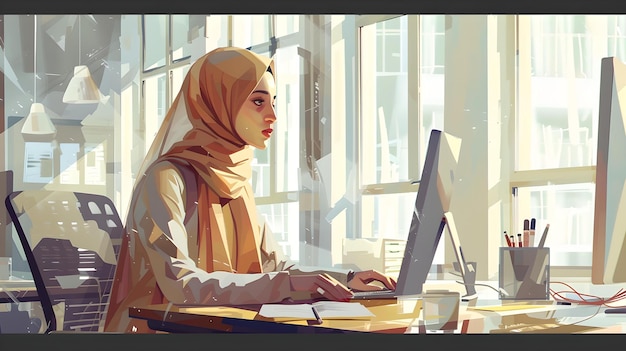 Peinture numérique élégante d'une femme concentrée travaillant sur un ordinateur dans un bureau ensoleillé mettant en place la productivité et la concentration AI