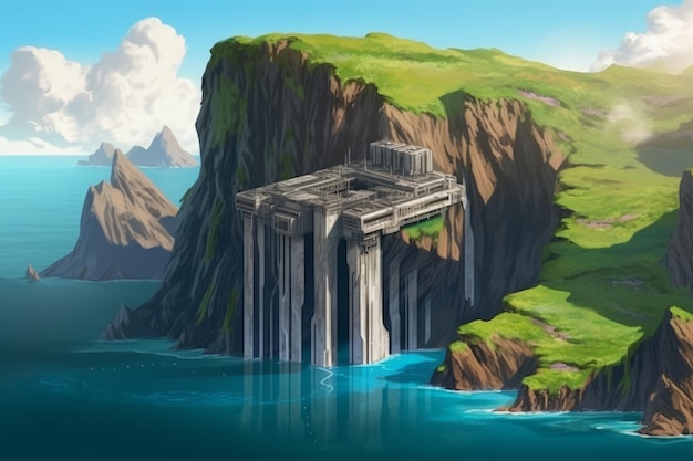 Peinture numérique fantastique d'une grande structure scifi intégrée dans une falaise herbeuse surplombant l'eau AI générative