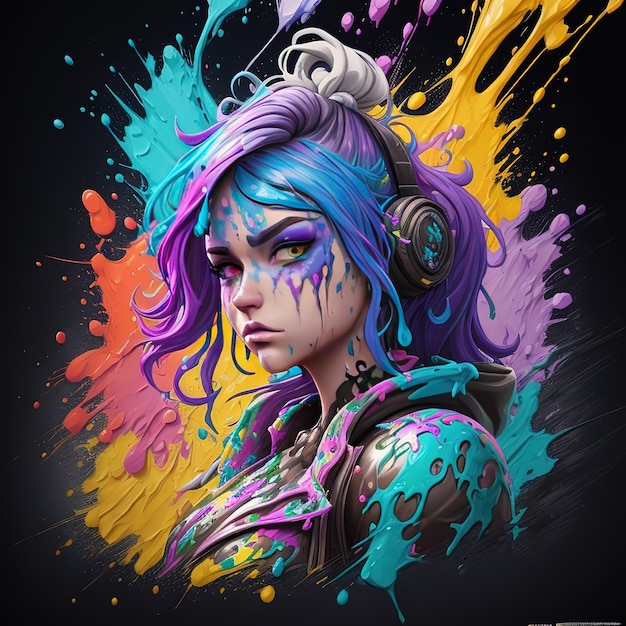 Une peinture numérique d'une femme aux cheveux colorés et un sweat à capuche qui dit "le mot" dessus.