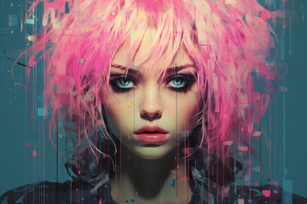 une peinture numérique d'une femme aux cheveux roses
