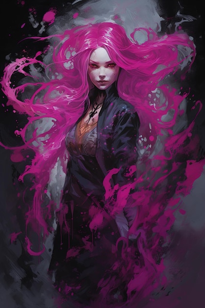 Une peinture numérique d'une femme aux longs cheveux roses