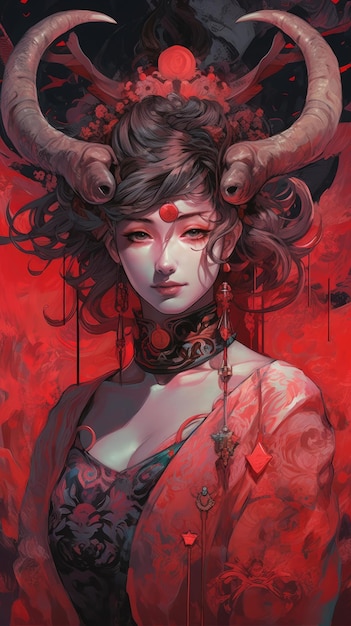Une peinture numérique d'une femme avec des cornes et un fond rouge.