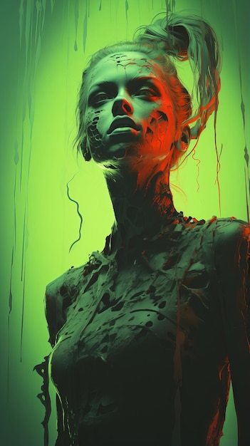 une peinture numérique d'une femme avec du sang coulant sur son visage