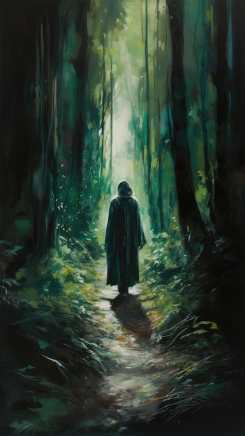 Une peinture numérique de femme marchant sur un chemin dans les bois