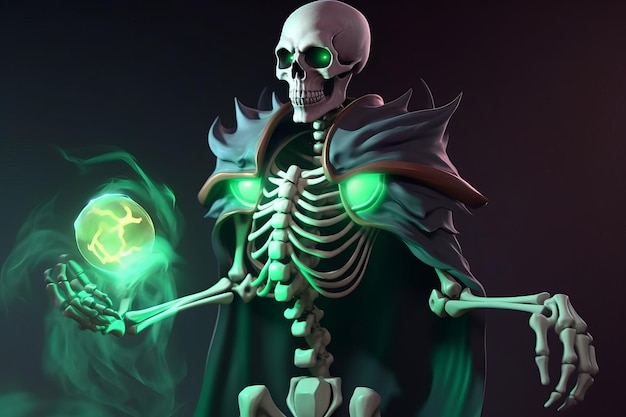 Peinture numérique d'une figure squelettique imprégnée de magie émanant d'une lueur verte vibrante alors qu'elle traverse un royaume mystique fantastique Illustration 3D AI générative