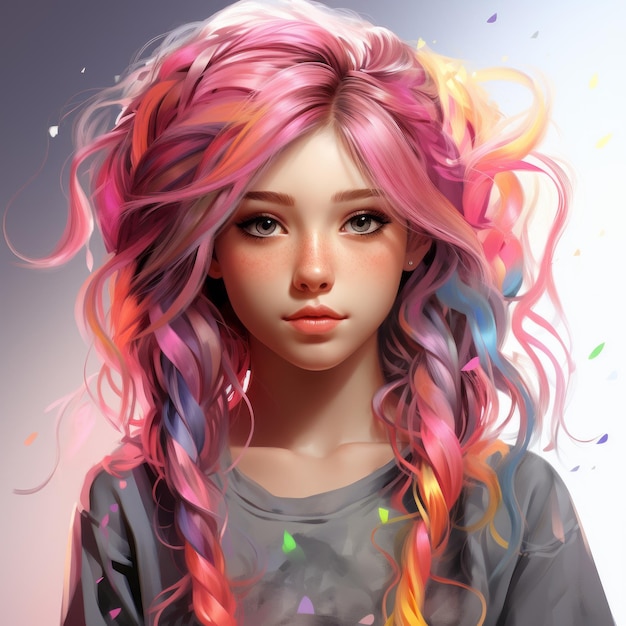 une peinture numérique d'une fille aux cheveux colorés