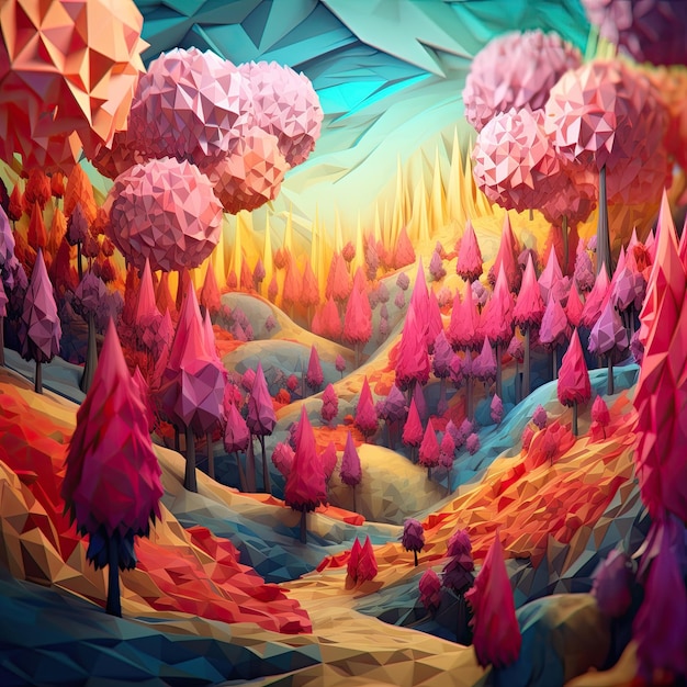 Une peinture numérique d'une forêt avec des arbres colorés et le mot forêt dessus.