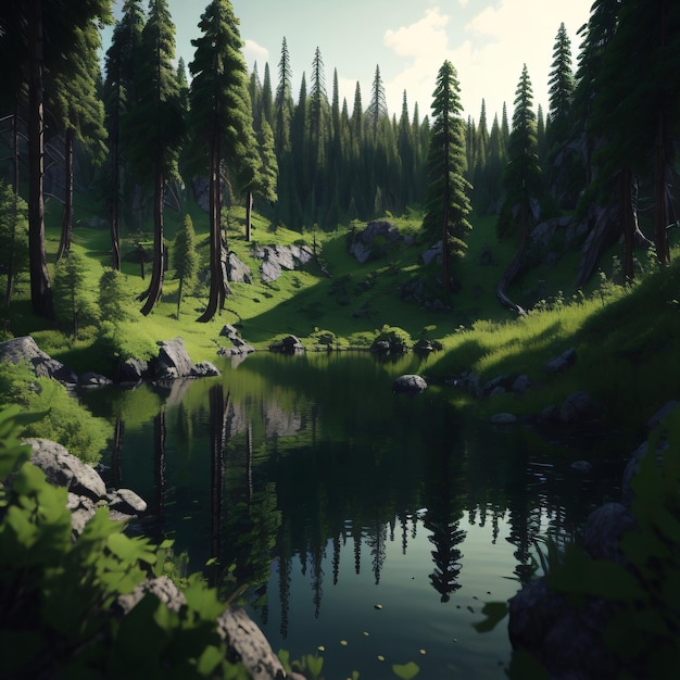 Une peinture numérique d'une forêt avec des arbres et un lac au premier plan.