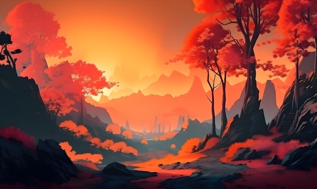 Une peinture numérique d'une forêt avec des orangers et des montagnes en arrière-plan.