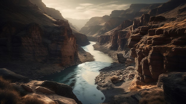 Une peinture numérique d'un grand canyon traversé par une rivière.