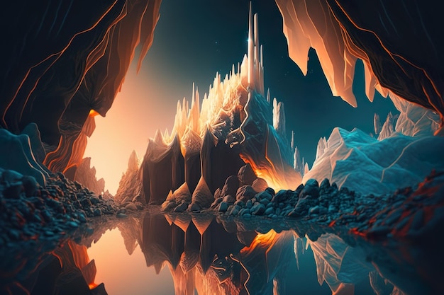 Une peinture numérique d'une grotte avec un château au milieu.