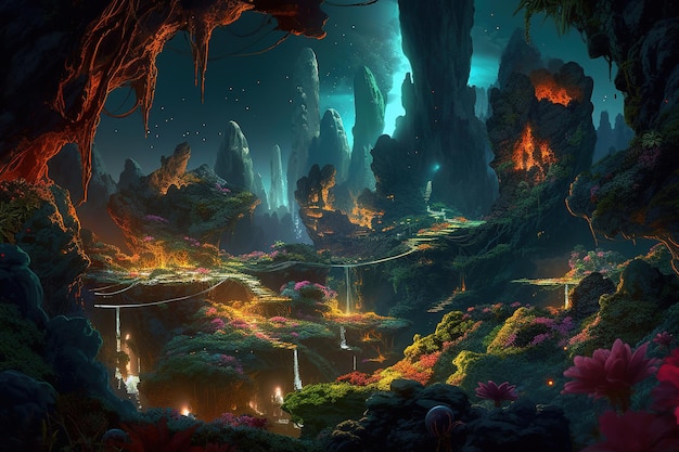 Une peinture numérique d'une grotte avec une lumière rougeoyante et une petite cascade au milieu.