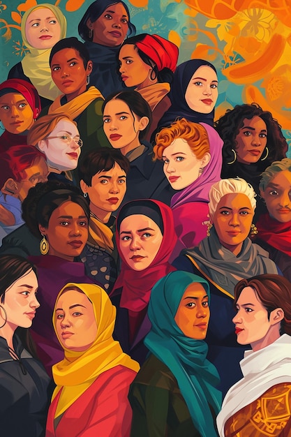 Une peinture numérique d'un groupe diversifié de femmes de diverses cultures et professions