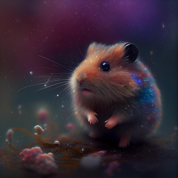 Peinture numérique d'un hamster dans un espace cosmique avec des étoiles