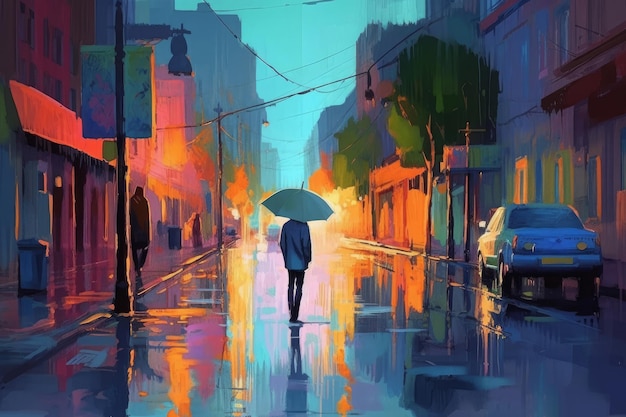 Peinture numérique d'un homme avec un parapluie marchant dans la rue le soir IA générative