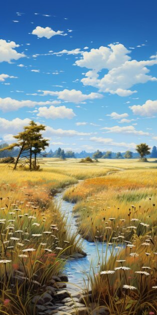 Photo peinture numérique hyperréaliste d'un ruisseau tranquille dans une prairie