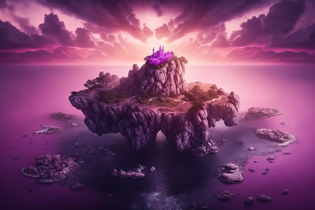 Une peinture numérique d'une île avec un château violet dessus.