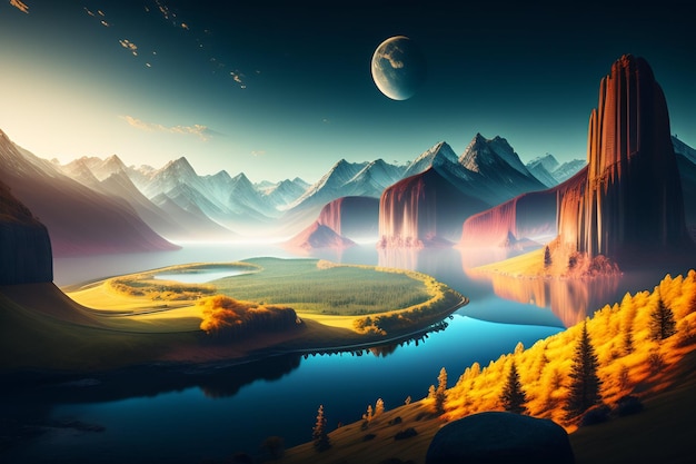 Une peinture numérique d'un lac avec des montagnes et une lune