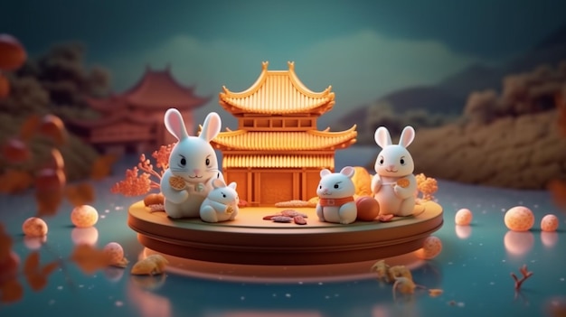 Une peinture numérique de lapins sur une pagode