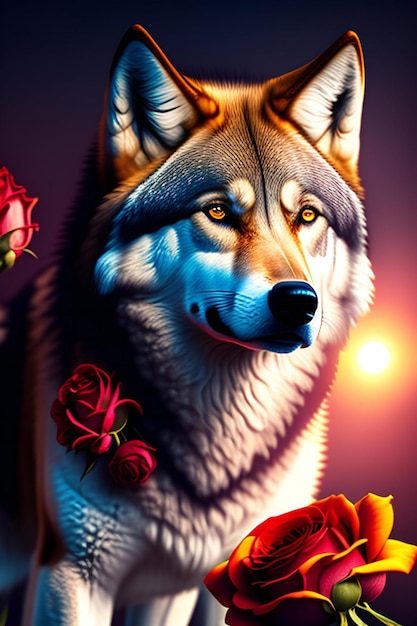 Peinture numérique d'un loup avec des roses en arrière-plan Illustration 3D