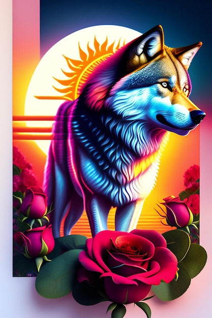 Peinture numérique d'un loup avec des roses en arrière-plan Illustration 3D