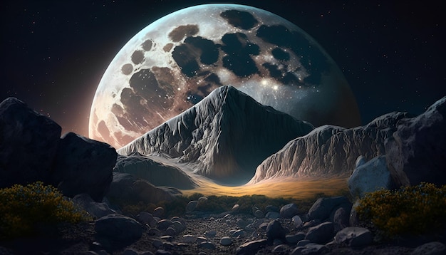 Une peinture numérique d'une lune et de montagnes avec la lune en arrière-plan.