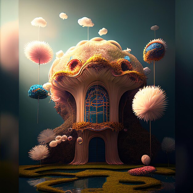 Une peinture numérique d'une maison champignon avec un fond bleu et quelques nuages.