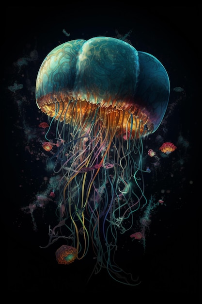 Une peinture numérique d'une méduse avec le mot méduse dessus.