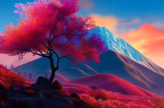 Photo une peinture numérique d'une montagne avec un arbre coloré au premier plan
