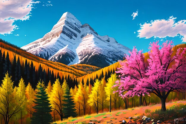 Peinture numérique d'une montagne avec un arbre coloré au premier plan