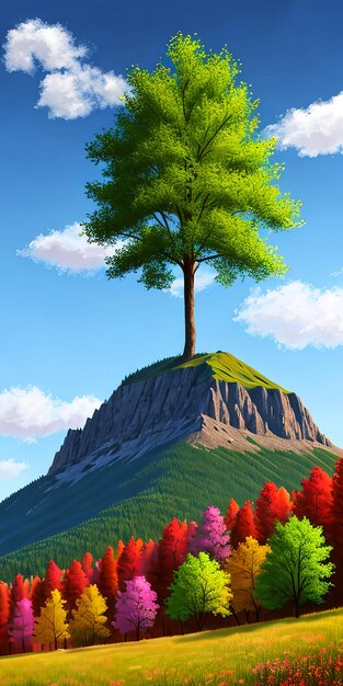 Peinture numérique d'une montagne avec un arbre coloré au premier plan