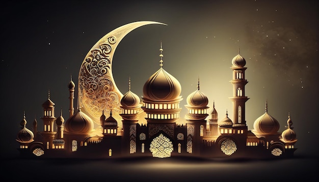 Une peinture numérique d'une mosquée avec un croissant de lune en arrière-plan