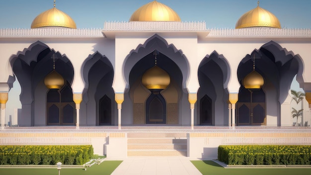 Une peinture numérique d'une mosquée avec un dôme doré et une pelouse verte.