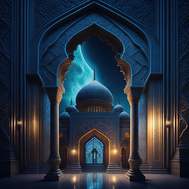 Une peinture numérique d'une mosquée avec un dôme et des lumières