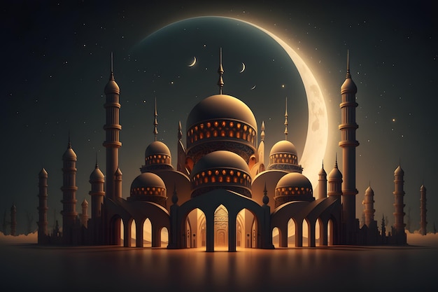 Une peinture numérique d'une mosquée avec une pleine lune en arrière-plan.