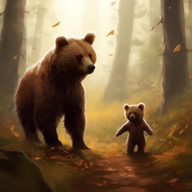 une peinture numérique d'un ours et d'un ourson.