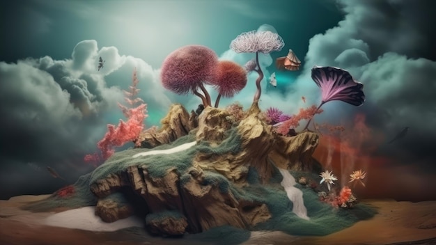 Une peinture numérique d'un paysage avec des arbres et une maison dessus.