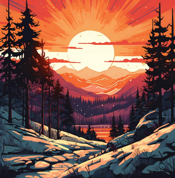 Une peinture numérique d'un paysage avec un coucher de soleil en arrière-plan.