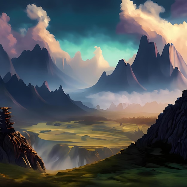 Une peinture numérique d'un paysage fantastique avec des montagnes et des nuages 7