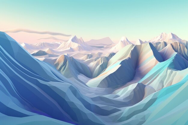 Une peinture numérique d'un paysage de montagne avec un ciel bleu et le soleil qui brille sur les montagnes.