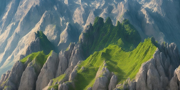 Une peinture numérique d'un paysage de montagne avec de l'herbe verte et des montagnes en arrière-plan.