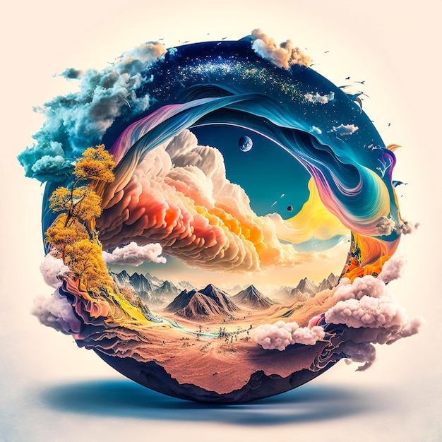 Une peinture numérique d'un paysage avec des montagnes et des illustrations fantastiques de nuages colorés
