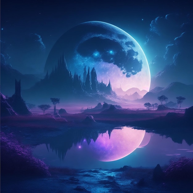 Peinture numérique d'un paysage nocturne fantastique futuriste avec un paysage abstrait au clair de lune