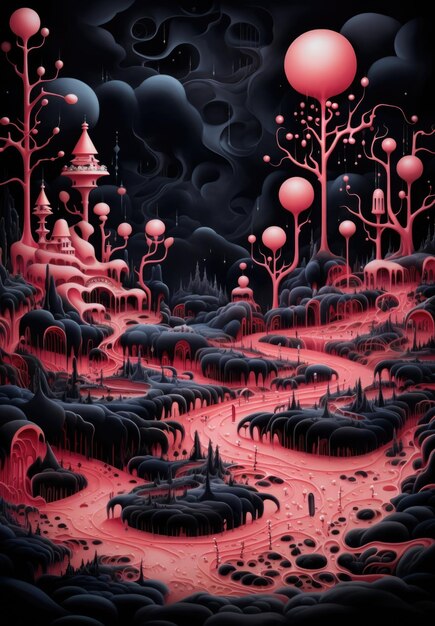 Une peinture numérique d'un paysage rouge avec un château au loin ai