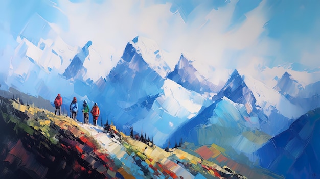 Une peinture numérique de personnes debout devant des montagnes.