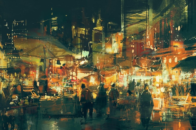 peinture numérique de personnes marchant sur le marché la nuit