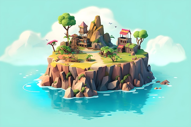 Une peinture numérique d'une petite île avec une maison dessus.