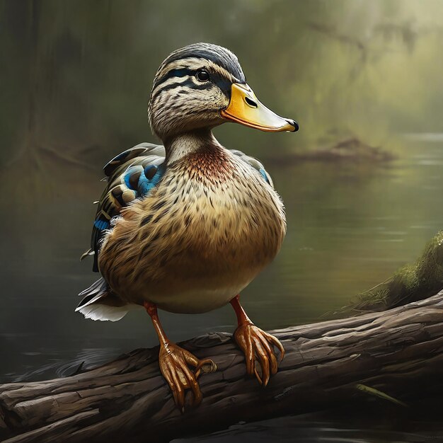 Peinture numérique photoréaliste d'un canard mallard perché sur une branche générée par l'IA