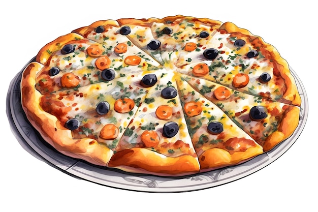 Une peinture numérique d'une pizza sur un fond blanc vierge Generative AI