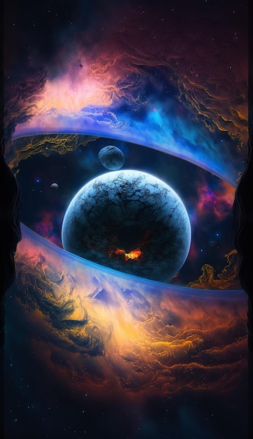 Une peinture numérique d'une planète avec une nébuleuse et une nébuleuse en arrière-plan.
